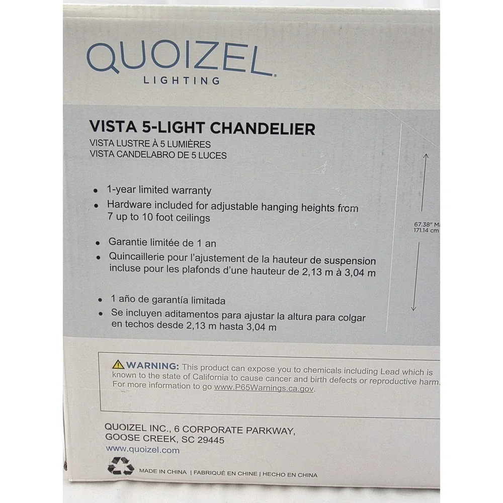 Quoizel Vista 5-Light Chandelier Nouveau Gold Glass LWS7077A UL Listed